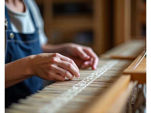 工房で手織り作業を行う職人のクローズアップ