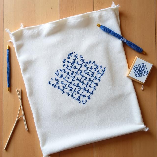 菱形模様の刺し子キットと完成品